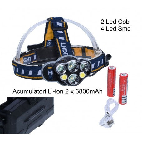 Lanterna frontala cu acumulatori Li-Ion 2x6800mAh inclusi si cablu USB de incarcare