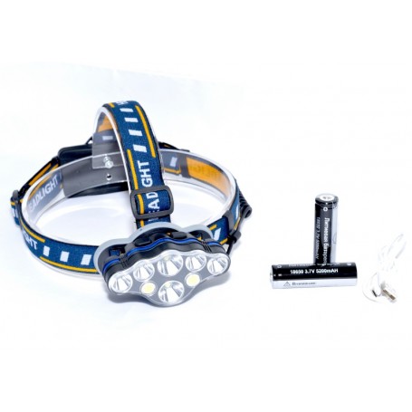 Lanterna frontala cu 8 LED-uri, acumulatori 18650 3.7V 3200mAh si cablu USB incluse in pachet
