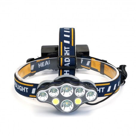 Lanterna frontala 8 LED-uri 90000 lumeni, 8 faze iluminare, banda reglabila albastra cu galben