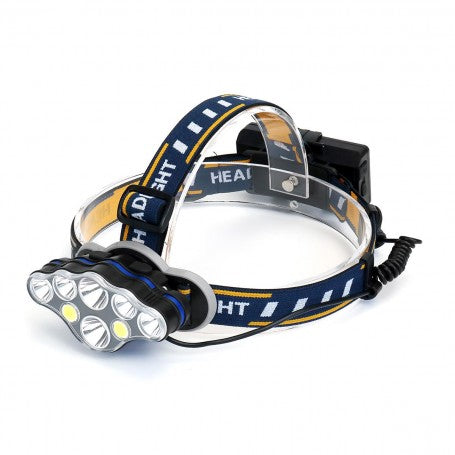 Lanterna frontala 8 LED-uri vedere laterala, acumulator extern atasat, banda albastra cu galben