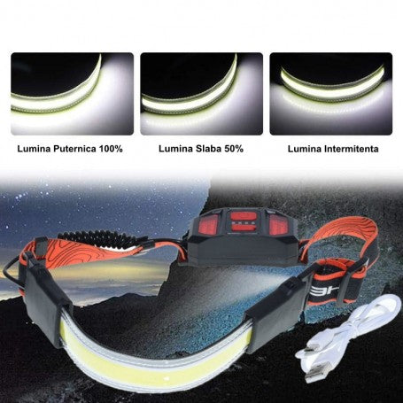 Lanterna frontala COB cu 3 moduri de iluminare: 100%, 50% si intermitent