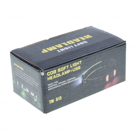Cutie ambalaj lanterna frontala COB USB, model TM-613, ideala pentru pescuit si camping