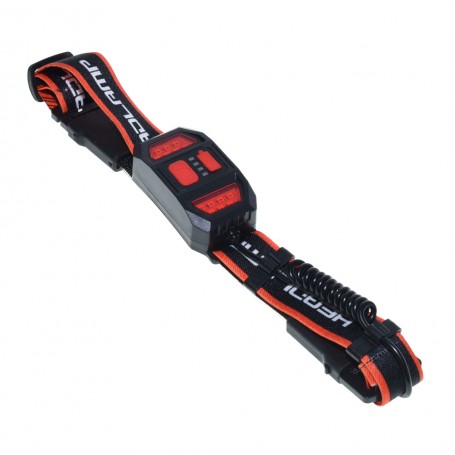 Lanterna frontala LED cu curea elastica reglabila portocalie si modul de control pe spate