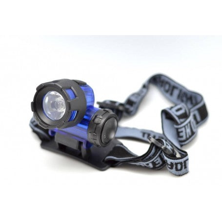 Lanterna frontala LED 1W cu unghi ajustabil, curea elastica reglabila, alimentare 3xAAA, corp albastru-negru