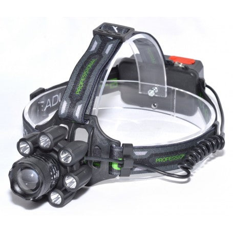 Lanterna frontala cu 7 LED-uri XPE si LED T6 central cu zoom, vedere din fata-lateral