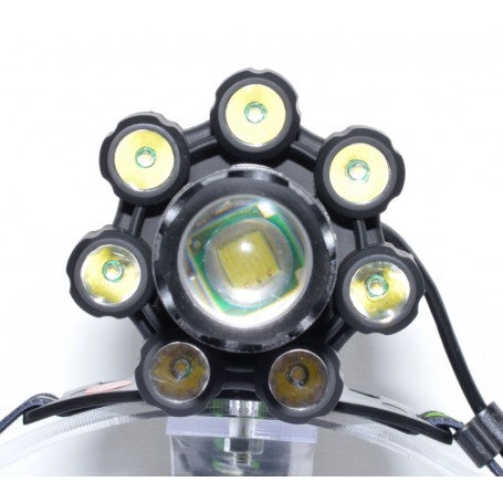 Ansamblu 7 LED-uri XPE dispuse circular si LED SMD T6 central cu lentila zoom reglabila