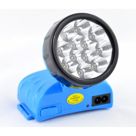 Lanterna frontala LED cu 12 becuri, port de incarcare vizibil si corp albastru compact