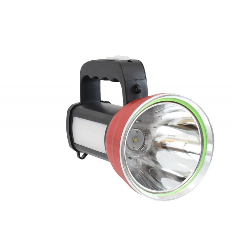 Lanterna LED portabila 300W cu reflector mare si lampa laterala, vedere frontala usor inclinata