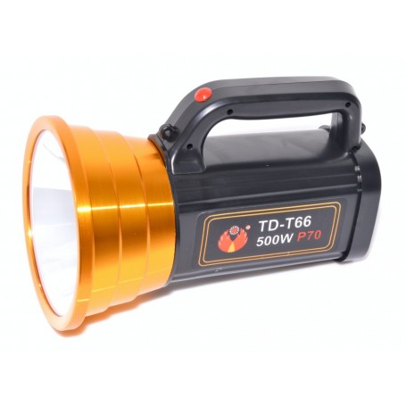 Lanterna LED 500W P70 reincarcabila, vedere laterala cu reflector portocaliu si maner negru