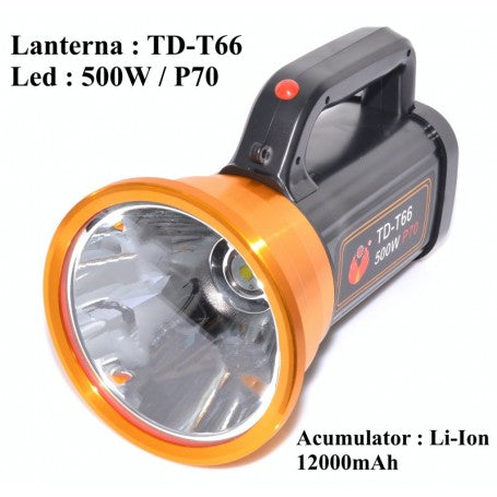 Lanterna LED 500W P70 cu acumulator Li-Ion 12000mAh, vedere frontala cu reflector mare