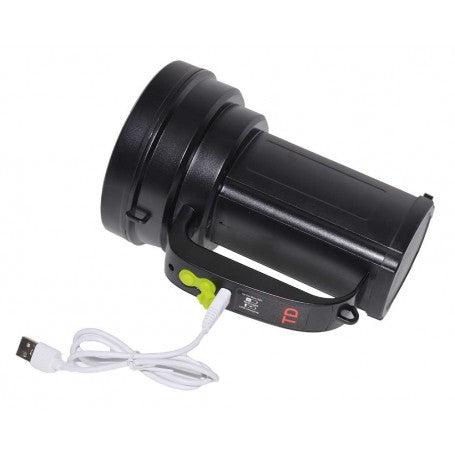 Lanterna LED 100W reincarcabila cu cablu USB inclus, vedere din spate cu port de incarcare