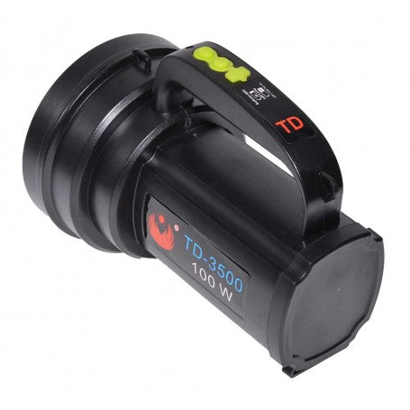 Lanterna LED 100W, vedere laterala spate cu buton de selectare moduri si maner robust