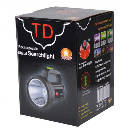 Cutie ambalaj lanterna LED reincarcabila 100W, 3 moduri de iluminare, acumulator integrat