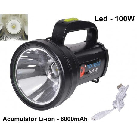 Lanterna LED 100W cu acumulator Li-Ion 6000mAh si cablu USB, detaliu chip LED Cree T6