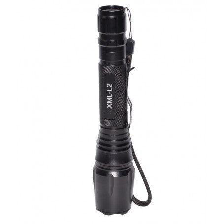 Lanterna LED 5W din aluminiu, vedere laterala cu clips si curea de mana atasata