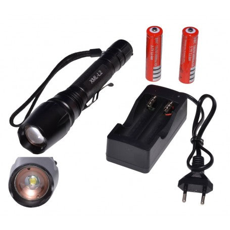 Lanterna LED cu zoom, set complet cu 2 acumulatori 18650 si incarcator de retea inclus
