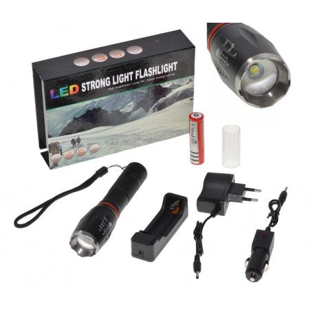 Lanterna LED cu zoom, kit complet: acumulator 18650, incarcator retea si auto incluse in cutie