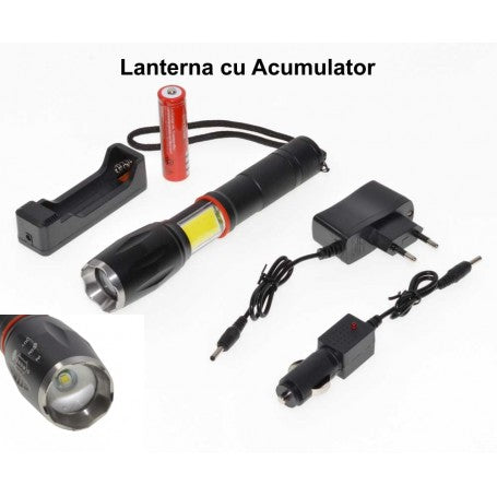 Lanterna LED cu acumulator 18650, incarcator retea 220V si incarcator auto 12V, vedere ansamblu