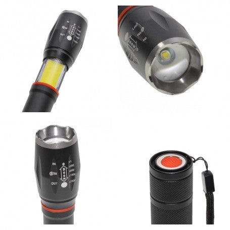 Detalii lanterna LED zoom: selector faze, lentila frontala, port incarcare si LED COB lateral 10W