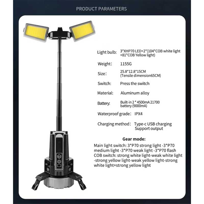 Lanterna LED portabila cu parametri tehnici: IPX4, baterie 9000mAh, leduri XHP70 si COB