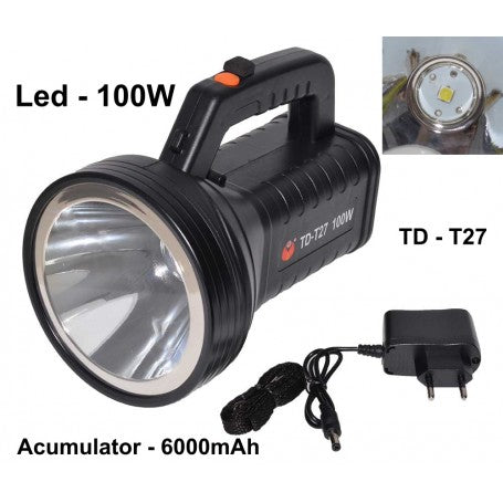 Lanterna LED 100W cu acumulator 6000mAh si incarcator de retea inclus in pachet