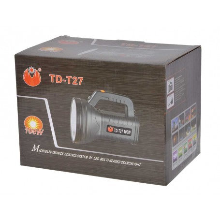 Cutie ambalaj lanterna LED 100W portabila reincarcabila, prezentare produs