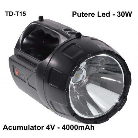 Lanterna portabila LED 30W, acumulator Li-Ion 4V 4000mAh, vedere frontala cu specificatii
