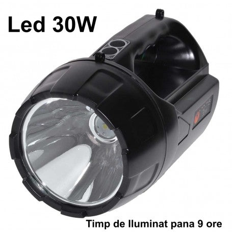Lanterna portabila LED 30W cu autonomie pana la 9 ore, vedere frontala cu reflector mare