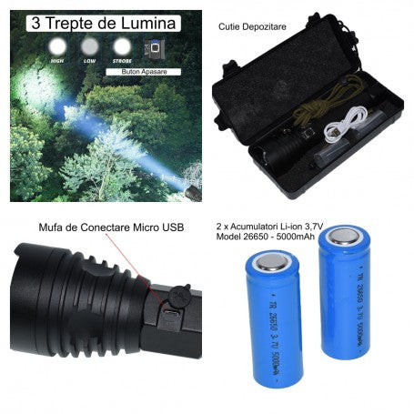 Lanterna LED cu 3 trepte de lumina, port Micro-USB, cutie de depozitare si acumulatori Li-Ion 26650 5000mAh