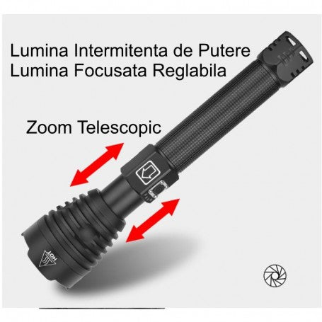 Lanterna LED cu zoom telescopic manual, lumina focusata reglabila si mod intermitent de semnalizare