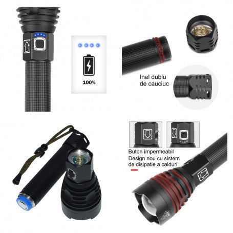 Lanterna LED cu indicator baterie, inel dublu cauciuc, buton impermeabil si sistem de disipare caldura