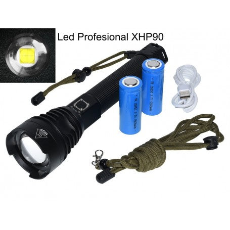 Lanterna LED XHP90 cu chip profesional de inalta putere, acumulatori 5000mAh si cablu de incarcare USB