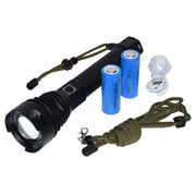 Lanterna LED XHP90 cu zoom telescopic, 2 acumulatori 26650 5000mAh, cablu USB si curea de transport incluse