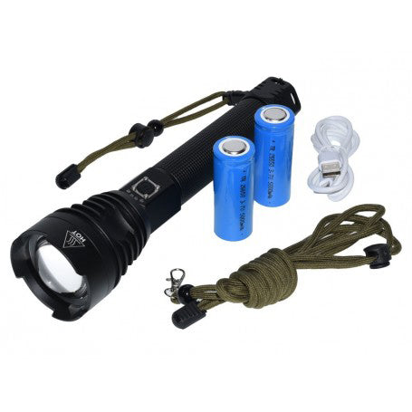 Lanterna LED XHP90 cu zoom telescopic, 2 acumulatori 26650 5000mAh, cablu USB si curea de transport incluse