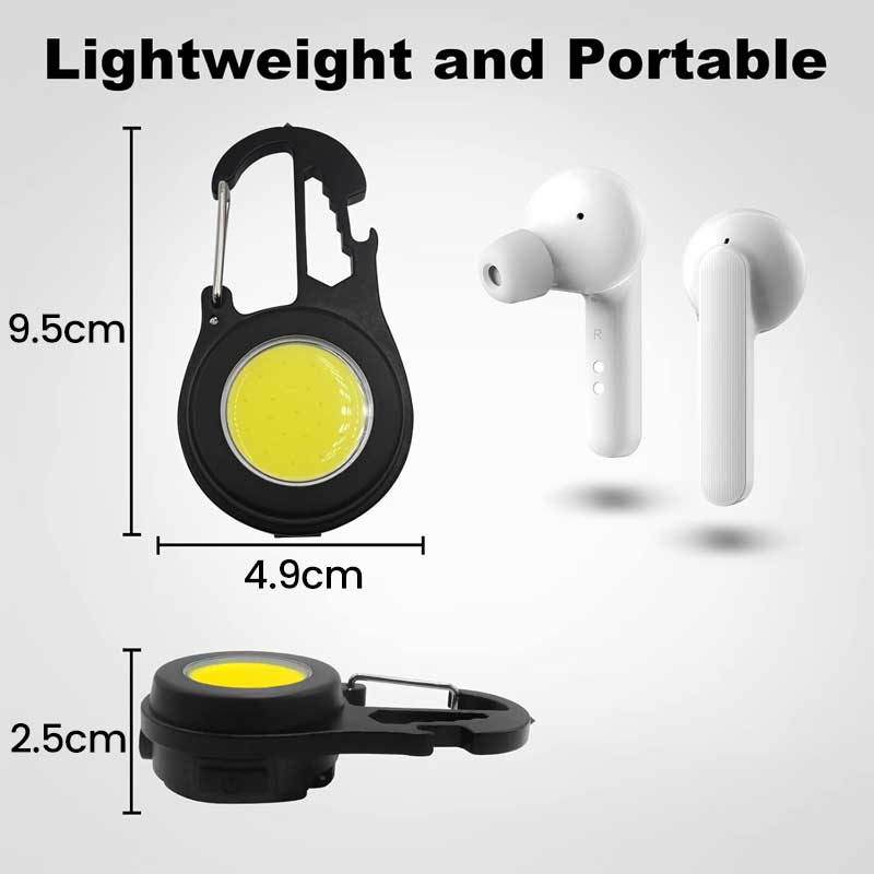 Mini-lanterna COB cu carabina, dimensiuni 9.5x4.9x2.5cm, portabila si usor de transportat
