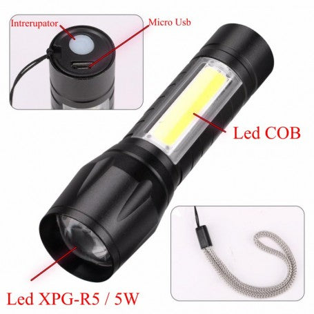 Lanterna LED 5W cu detalii componente: led XPG-R5 frontal, COB lateral si port micro-USB