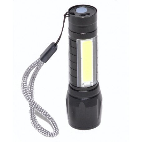 Lanterna LED compacta cu iluminare COB laterala si snur de prindere, corp negru din aluminiu