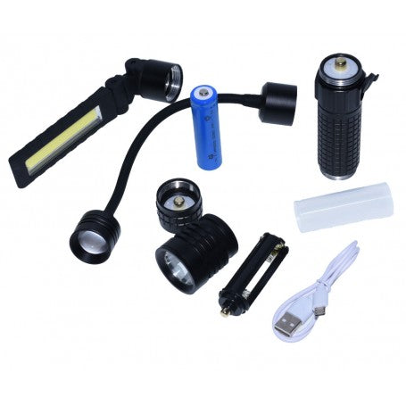 Lanterna modulara cu accesorii: capete interschimbabile, acumulator 18650, cablu USB si suport AAA