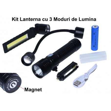 Kit lanterna 3 moduri de lumina cu magnet in baza, acumulator 18650 inclus si cablu micro-USB