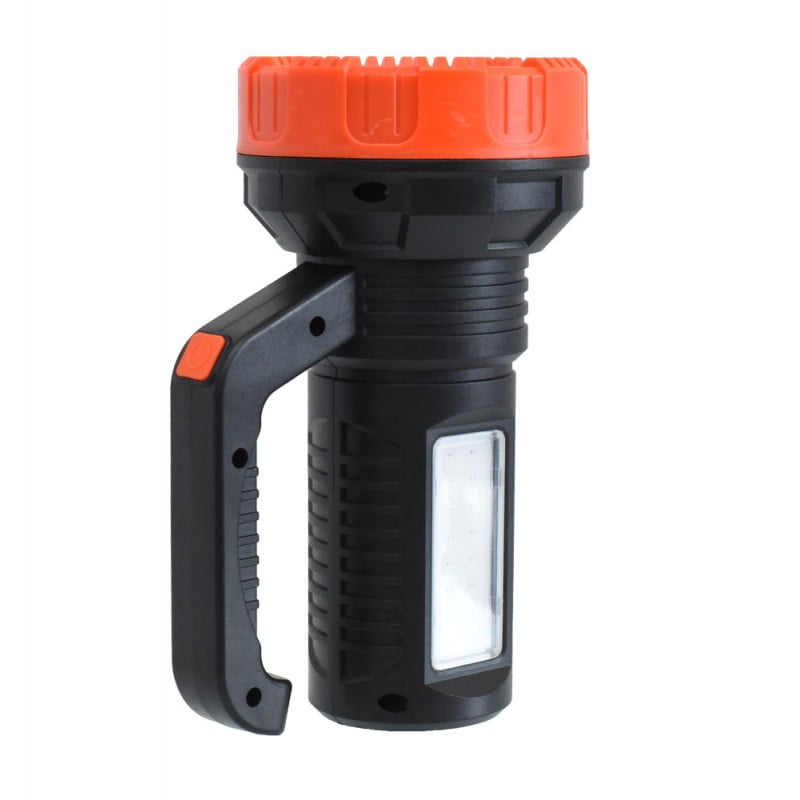 Lanterna LED portabila cu buton push pe maner si panou COB lateral, vedere frontala de sus