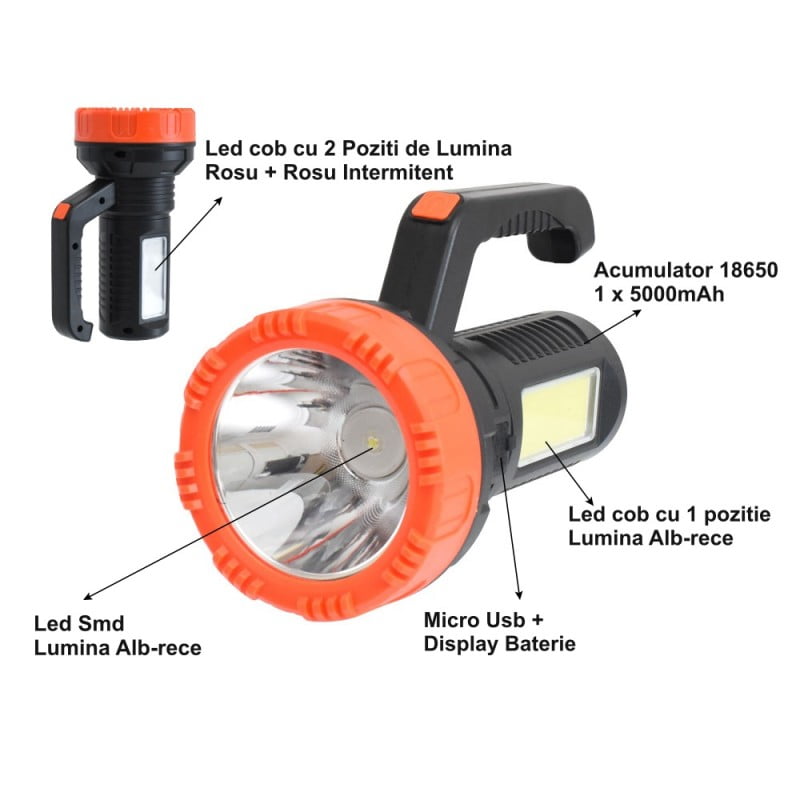 Lanterna LED cu LED SMD frontal 30W, COB lateral alb-rece si rosu, acumulator 18650 5000mAh
