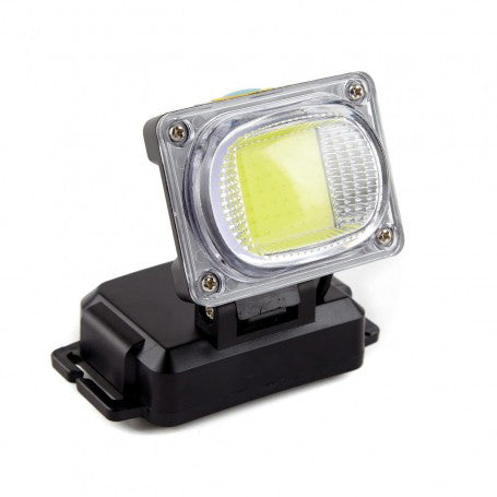 Lanterna de cap COB 5W, vedere frontala cu lentila transparenta si buton de selectare moduri