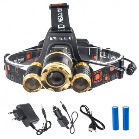 Lanterna de cap 3 LED-uri 10W cu acumulatori 18650 si incarcatoare priza, auto si USB incluse