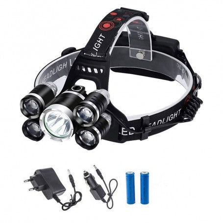 Lanterna de cap 30W cu 5 LED-uri, kit complet cu acumulatori 18650 si incarcatoare retea si auto