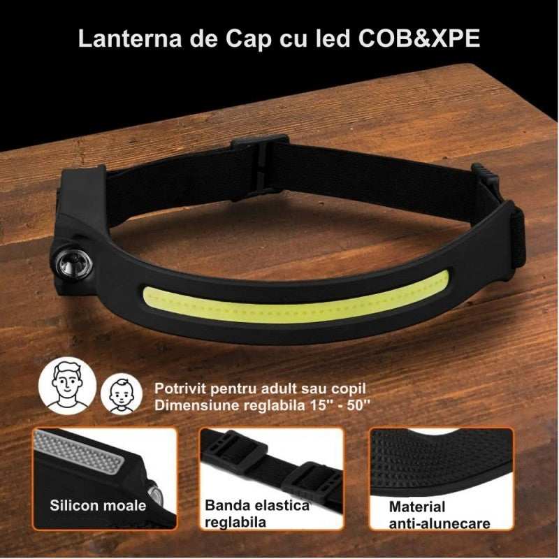 Lanterna de cap cu banda elastica reglabila, silicon moale anti-alunecare, potrivita adult si copil