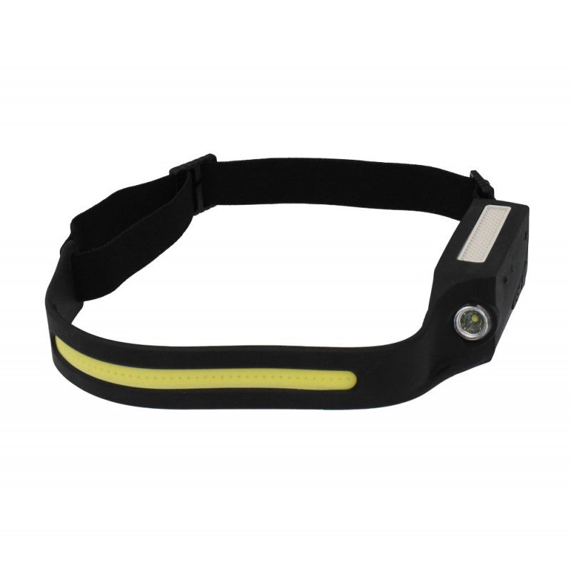 Lanterna de cap COB XPE vedere laterala, banda elastica reglabila, design compact usor