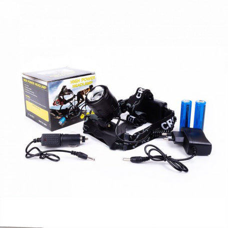 Lanterna de cap LED 8W cu acumulatori 18650, incarcator priza, incarcator auto si cutie incluse