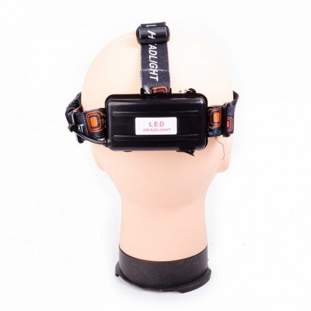 Lanterna de cap LED montata pe cap, vedere spate cu compartiment acumulatori