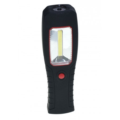 Lanterna de lucru cu COB LED activ, vedere frontala, lumina larga si uniforma, buton rosu