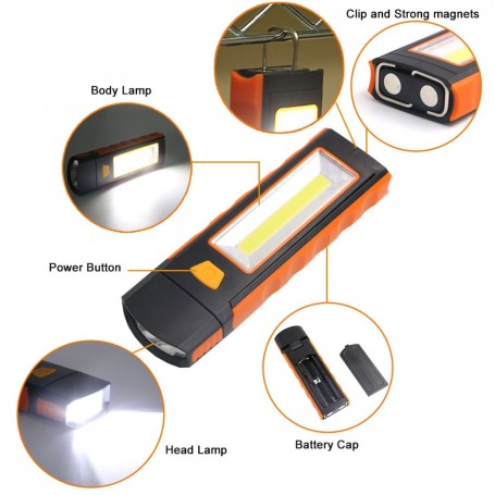Lanterna de lucru LED COB cu detalii componente: panou COB, LED frontal, buton pornire, magnet, carlig si capac baterii